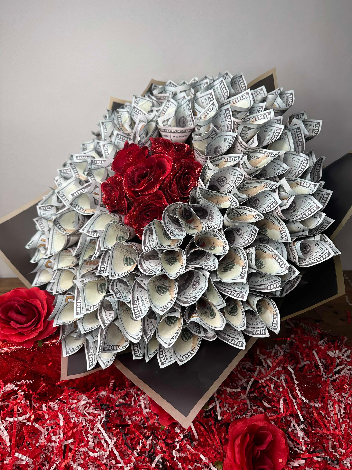 Money Flower Bouquet with Glittered Roses- NEW Gifts for Her/Him/Mom/Love/Hearts/Flowers/Roses/Graduation/SpecialOccasions/Mother’sDay/Birthdays/Teacher’sGift/Housewarming