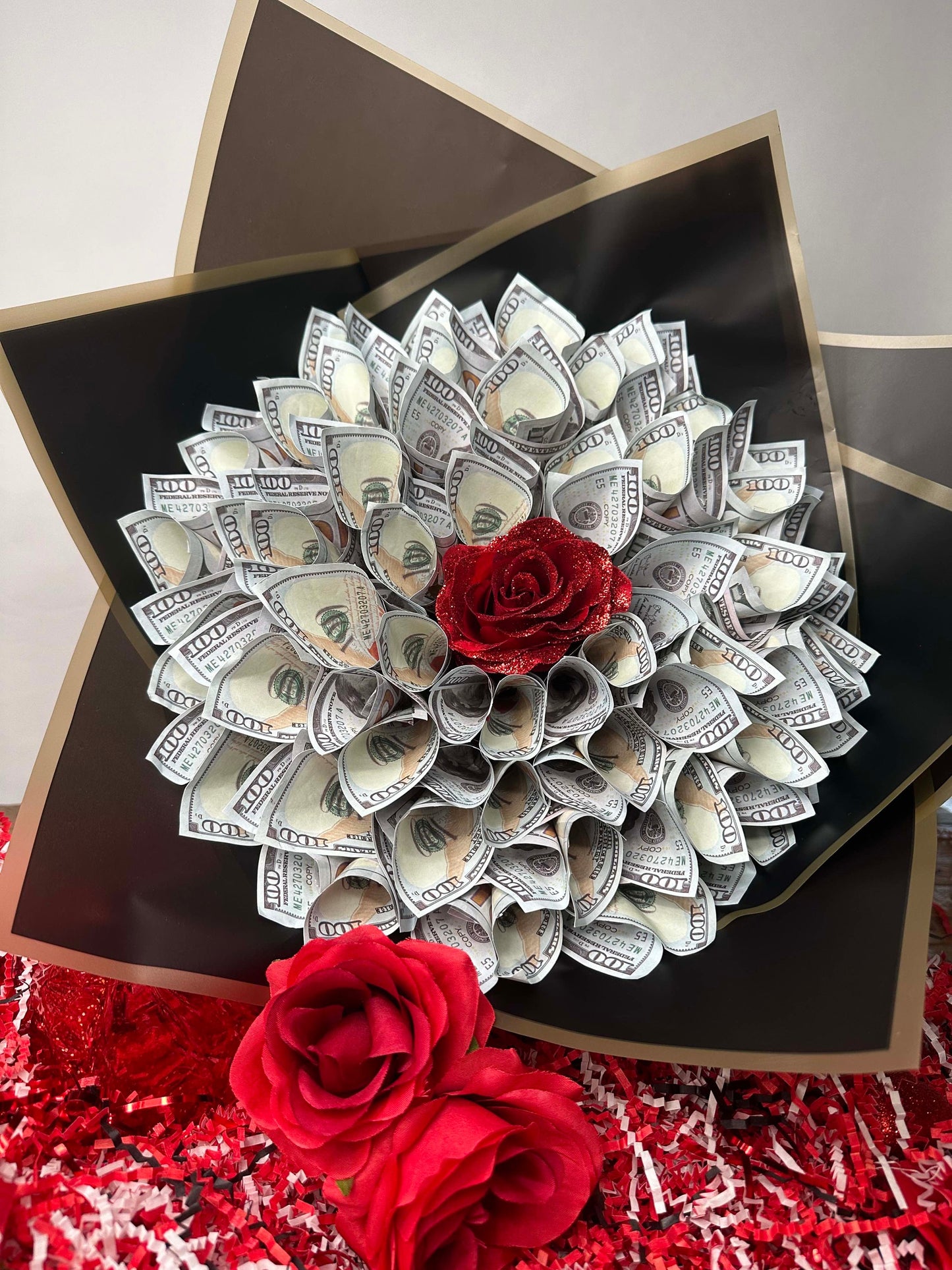 Money Flower Bouquet with Glittered Roses- NEW Gifts for Her/Him/Mom/Love/Hearts/Flowers/Roses/Graduation/SpecialOccasions/Mother’sDay/Birthdays/Teacher’sGift/Housewarming